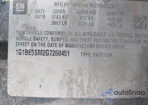 2016 Chevrolet Cruze Lt Auto из США, поврежденный, VIN 1G1BE5SM2G7260451